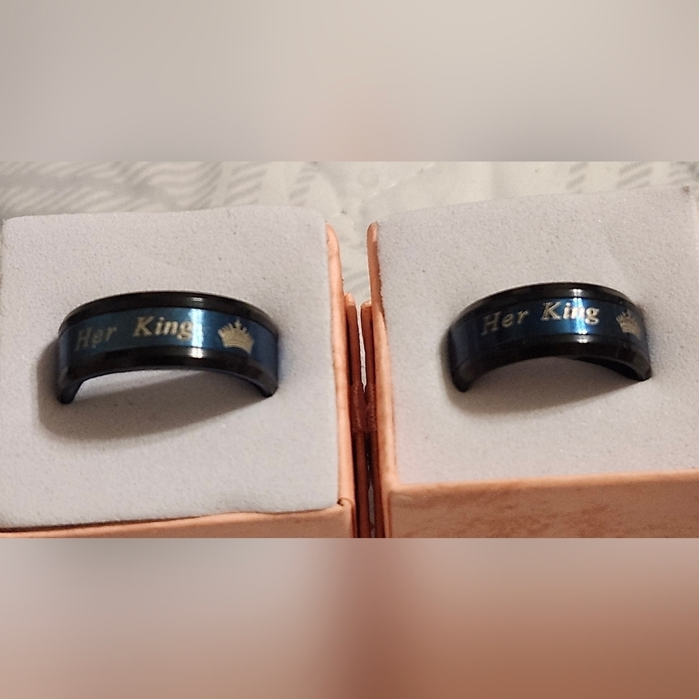 Fashion 2-Tones Her King Ring, Black Blue, Matching Couples Wedding Band Engagem - Picture 3 of 3